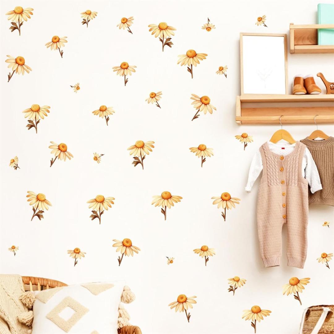 Daisy Flower Wall Decals Watercolor Boho Flowers Wall Stickers Small Floral Stickers Boho Retro Flower Decal Daisy Wall Decals for Baby Room Girl Bedroom Nursery Decor