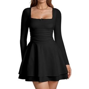 XXTAXN Women‘s Sexy Lace Sweetheart Neck Long Sleeve Corest Ruched Waist Flowy Mini Dress, XL