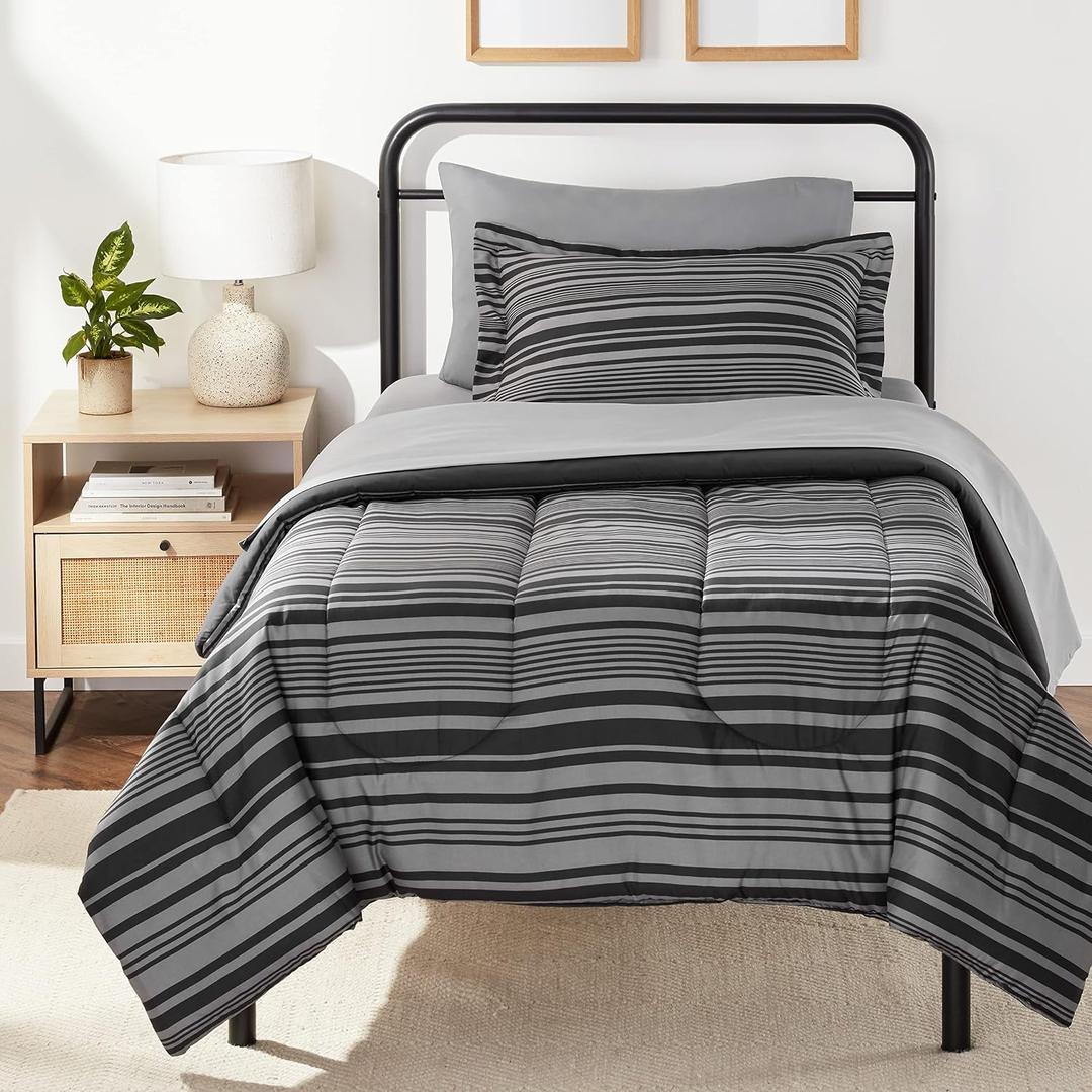 Amazon Basics 5-Piece Lightweight Microfiber Comforter Set with Sheets, Bed-in-a-Bag, Gray Calvin Striped Bedding, Twin/Twin XL