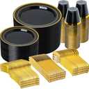 N9R 600PCS Black and Gold Plastic Dinnerware Set, Disposable Plastic Plates Includes 100 Dinner Plates, Dessert Plate, Cups, Spoons, Forks, Knives for 100 Guests, Perfect for Party, Wedding, Birthday