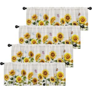 Emvency 4 Pack Valances Window Treatments, Farmhouse Sunflower Spring Summer Butterfly Blackout Adjustable for Living Room Bathroom Bedroom Kitchen Over Sink, 18x52 Inch Rod Pocket Valances