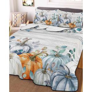 Autumn Thanksgiving Pumpkin Blue Leaf King Quilt Bedding Set,Summer Quilt Lightweight Quilted Coverlet with 2 Pillow Shams, Fall Harvest on Wooden Grain 3-Piece Bedspread Quilt Set for All Season (96x106in, Blue and Burnt Orange)