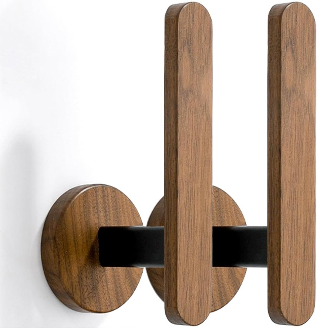 Modern Adhesive Curtain Holdbacks no Drill with Premium FAS Walnut Wood Base, 2-Pack, Wall Mounted Tiebacks for Drapes, Rustic & Minimalist Style (Black)