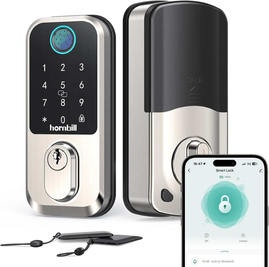 Wi-Fi Smart Deadbolt Keyless Entry: 9-in-1 Hornbill Smart Lock for Front Door, Smart Deadbolt Lock, Electronic Keypad Code Fingerprint Unlock, Works with Alexa for Home Office Hotel, Satin Nickel