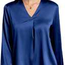 Womens Silk Satin Blouses V Neck Long Sleeve Tops Casual Dressy Shirts (Blue)