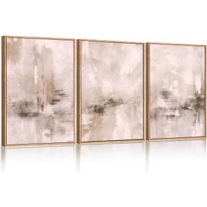HLNIUC Large Abstract Neutral Framed Wall Art Set(16x24), Minimalist Beige Paint Stroke Canvas Wall Decor, Modern Pastel Grunge Painting, Black Shapes Art Print for Living Room, Bedroom, Office (16L" x 24W")