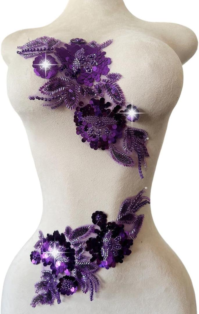 Handmade Sewing Sequin Beaded or Pearl Flower Fabric Lace Applique for Wedding Dress Gown Bodice Costume Clothing Craft DIY 2PCS/Bag 5.9X12.2inches (Purple)