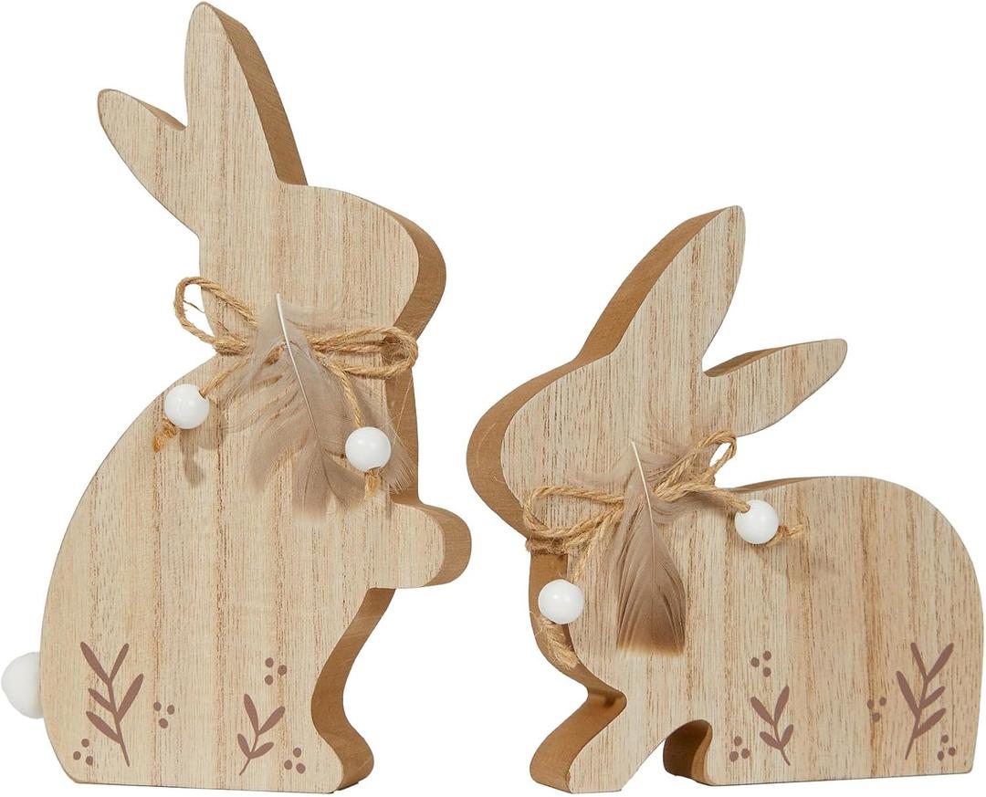 DN DECONATION Easter Bunny Decor Set, 2-Pcs Wooden Rabbit Figurines with Feather & Bead, Rustic Farmhouse Tabletop Centerpiece for Spring Mantel Shelf Home Office Indoor Decorations (Brown and White1)