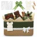 Christmas Thanksgiving Small Woven Gift Basket for Nursery Room with Tissue Paper, Wooden Clips, Greeting Card, Empty Bow Basket for Birthday Wedding, 12 x 8 x 6 Inches(Green)