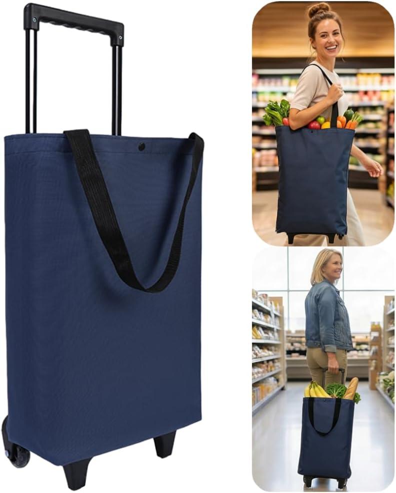 Rolling Shopping Bag, Small Shopping Cart with Wheels,Collapsible Portable Waterproof Tote for Market & Grocery RunsGift for Women & Seniors(Blue)