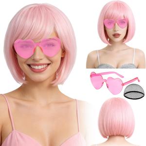 PLULON Pink Bob Wig with Heart Sunglasses for Women Men, Colorful Short Funny Bob Wigs with Bangs Black Hair Cap Colored Cosplay Hairpieces for Christmas Halloween Costume Neon Bachelorette Party