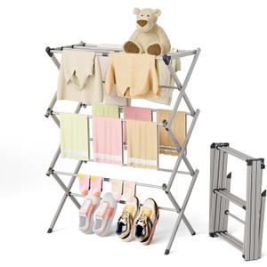 BAKON Space Saving Foldable Clothes Drying Rack, Extendable Rustproof Laundry Rack for Indoor Outdoor Use, No Assembly Required, Suitable for Bathroom Laundry Room Apartment RV, White