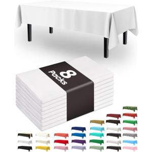 Pureegg Plastic Table Cloth Disposable 8 Pack, 54 x 108 Inch Table Cloths, Party, Picnic, Wedding, Decorative Tablecloths, Rectangle, White Plastic Cover, Leakproof & Sturdy, White