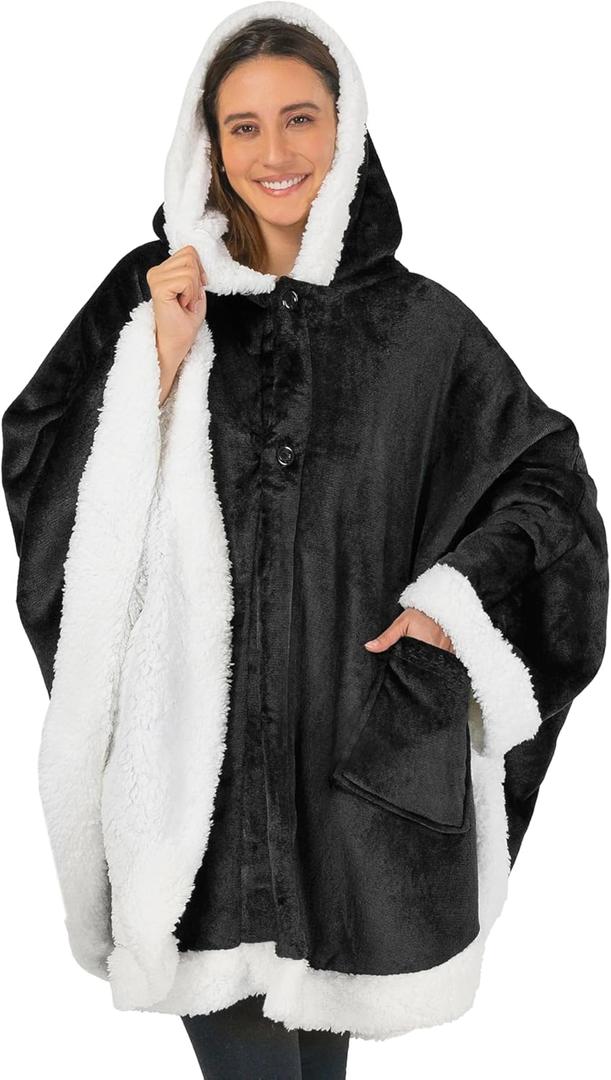 PAVILIA Sherpa Fleece Wearable Blanket for Adult Women, Cozy Plush Blanket Poncho Cape with Hood, Super Soft Shawl, Angel Wrap Throw for Office, Black