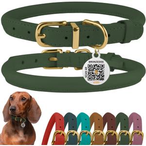 BronzeDog Rolled Leather Dog Collar with QR ID Tag, Adjustable Soft Round Collars for Small Medium Large Dogs Puppy (14" - 16" Neck Size, Emerald Green) (14 - 16 inch)