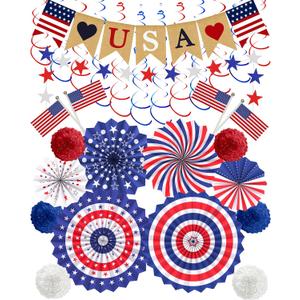 30 Pcs Patriotic Decorations for Veterans Day, 4th of July Decor LOVE USA Banner American Flag, Red White Blue Paper Fans Pompoms Labor Memorial Day Decor for Indoor Outdoor Outside