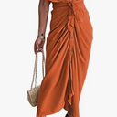 Women Elegant Satin Button Down Short Sleeve Maxi Shirt Dress with Belt Ornage Medium