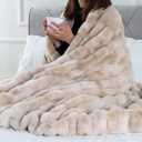 BATTILO HOME Ruched Luxury Faux Fur Throw Blanket Beige Tie-dye Rabbit Fur Blanket for Couch, Living Room, Fuzzy, Soft, Plush, Cozy, Elegant with Reversible Mink Blanket Beige, 60"x80"