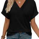 WIHOLL Womens Summer Tops Short Dolman Sleeve Shirts 2025 Fashion V Neck Outfits Clothes, Black, L