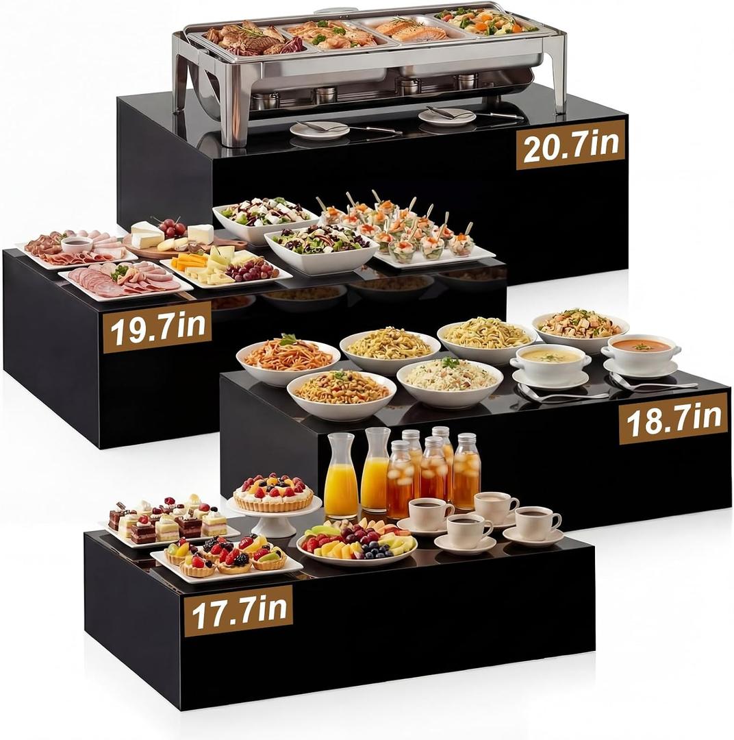 Leinuosen 4 Pcs Extra Large Acrylic Buffet Risers for Food Display Stands Box, 20.7" 19.7" 18.7" 17.7" Rectangle Catering Supplies for Weeding Dessert Table Brunch Setup Decor, Hollow Bottom(Black)