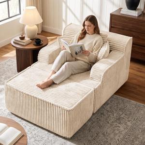Corduroy Chaise Lounge Chair with Detachable Ottoman, Convertible Modular Reading Chaise Lounge, High-Density Foam Single Person Relaxation Chair for Living Room,Apartment,Small Spaces, 57"D x 36"W x 22"H