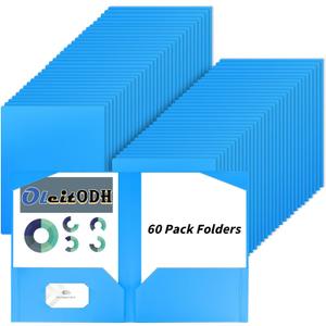 Plastic Folders with Pockets - 60 Pack 2 Pocket Folder Bulk with Business Card Slot, Heavy Duty File Folders for School Home Office and Business, Blue