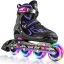 2PM SPORTS Vinal Girls Adjustable Flashing Inline Skates, All Wheels Light Up, Fun Illuminating Skates for Kids Men Adult Women and Boys, Medium - Big Kid (1-4 US)