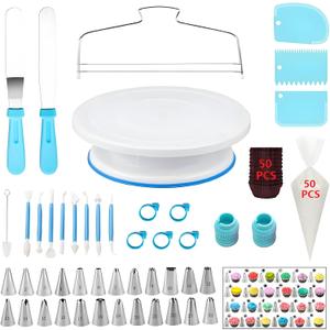 148 Pcs Cake Decorating Kit with Cake Turntable,Cake Leveler,24 Numbered Icing Piping Tips,2 Spatulas,3 Comb Scrapers,2 Couplers,5 Bag Ties,50 Pastry Bags,50 Cupcake Liners