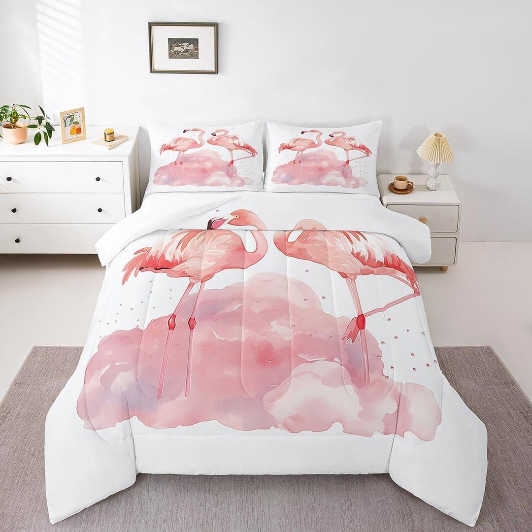jejeloiu Flamingo Bedding Set Full Size Kids Tropical Flamingo Watercolor Comforter for Boys Girls Bird Comforter Set Pink Duvet Set Room Decorations Quilt Set (Pink and White)