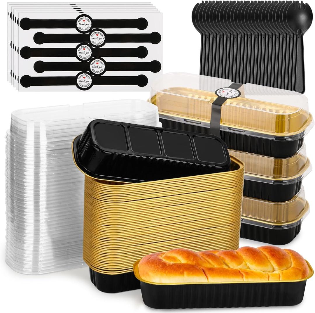 selizo 60 Pack 6.8oz Mini Loaf Baking Cake Pans with Lids, Rectangle Disposable Aluminum Foil Loaf Baking Pans, Small Baking Cake Tins Cup Cake Containers for Individual Cakes (Black)