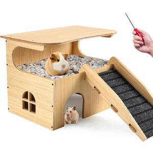 Wooden Guinea Pig Castle Hideout,Enlarged Guinea Pig Castle,Wooden Hamster House with Stairs & Mat,Long-Lasting Small Pet Bed for Piggies Chinchilla Rat Hamster Bunny