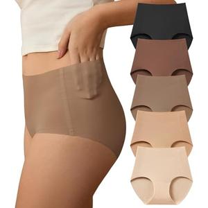 SHARICCA Seamless High Waisted Underwear for Women No Show Full Coverage Panties Nuage Microfiber Briefs Pack (Medium, Soft Brown and Nudes)