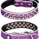 Spiked Studded Dog Collar, Genuine Leather Dog Collar, Adjustable Pet Collars for Small or Medium Pet (L, Purple-2)