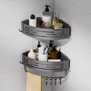 2 Pack Gray Corner Shower Caddy, Drill-Free Adhesive shower organizer, Wall Mount Shower Shelves With Towel Bar And Hooks, Rust Proof Stainless Steel Bath Organizer For Shampoo/Shower Jell Storage