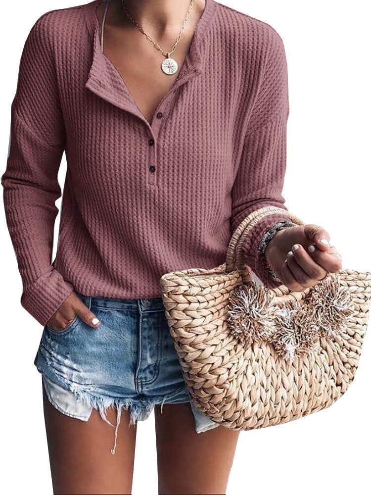 Womens Henley Shirts V Neck Long Sleeve Button Down Tops Warm Waffle Knit Tees (Pink)