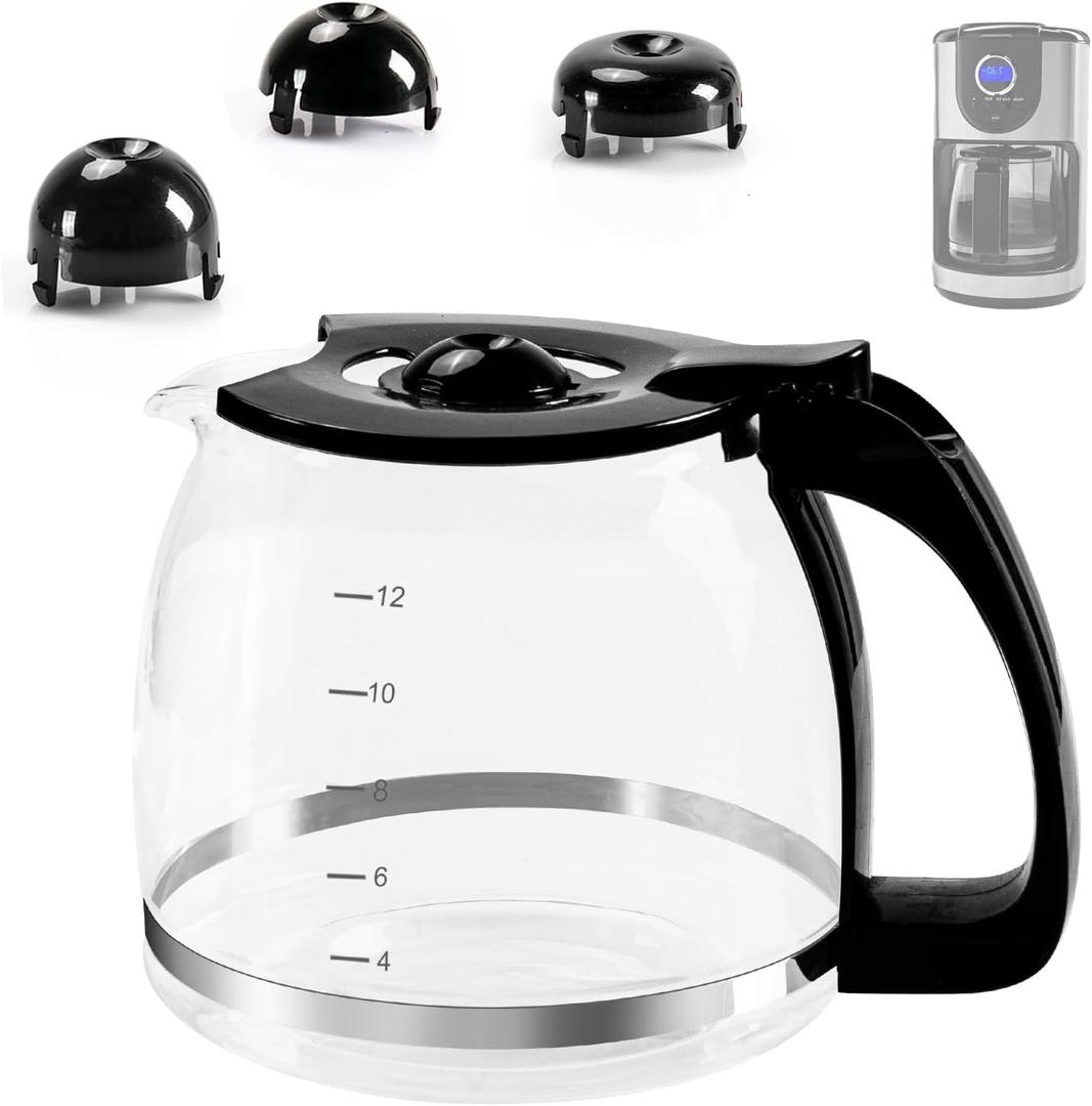 12-Cup Glass Carafe Replacement Pot for Mr Coffee, Black & Decker, Hamilton Beach, KitchenAid, Universal Coffee Maker Carafe Pot 12 Cup- 1.8L Coffee Pot with Handle & 3 Snap-On Caps in Different Sizes