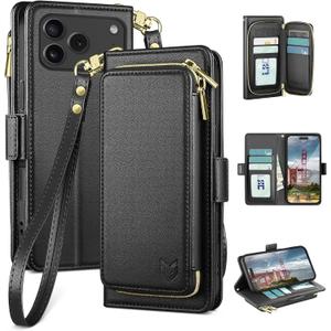 DJBEAR for iPhone 17 Pro 6.3" Wallet Case for Men & Women, All-in-One Flip Folio Cover with 9 Card Slots, Zipper Pocket, Detachable Wrist Strap, Full Body Protection for Apple 17 Pro Black