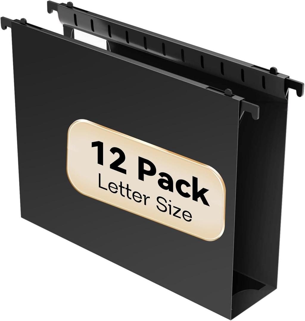 Extra Capacity Plastic Hanging File Folder Letter Size, 12 Pack Reinforced Hang Folders with Heavy Duty 2 Inch Expansion, Durable Hanging Organizer Designed for Bulky Files (Black)