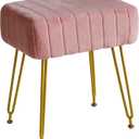 IBUYKE Velvet Rectangular Footrest Ottoman, Makeup Vanity Stool Side Table, Velvet Dressing Table Seat, Pouf Couch Stool, Golden Steel Legs, Pink LG-51P (without storage)