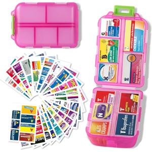 iouwei Large Pill Organizer with Medicine Labels - 7 Day Travel Daily Container, Mini Medication Storage Case (Pink, 161 Labels)