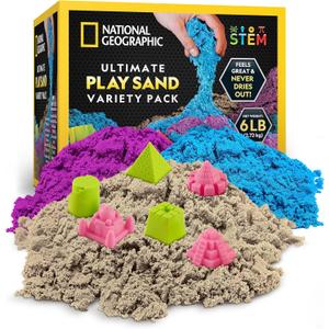 National Geographic 6 Lb. Moon Sand Combo Pack - 2 Lbs. Each of Blue, Purple and Natural Play Sand with Castle Molds - A Fun No Mess Sensory Activity