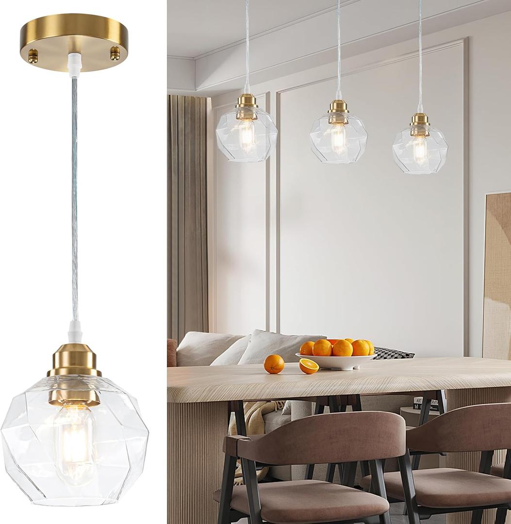 WILON Pendant Lights Kitchen Island Glass Pendant Light Fixture with Plaid Striped Globe Glass Shade Brass Gold Pendant Lighting Modern Ceiling Hanging Lights for Sink Dining Room Entryway (6.3'' Gold)