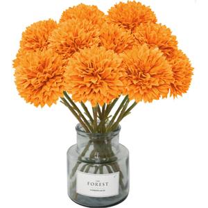 Tinsow 12 Pcs Artificial Chrysanthemum Flowers Orange Faux Ball Flowers Autumn Mums Florals Wedding Bouquet for Fall Farmhouse Home Kitchen Decoration (12, Orange)
