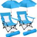 Joyfair Beach Camping Chair with Umbrellas, 2 Pack Outdoor Folding Low Camp Chairs for Adults, Heavy Duty Portable Chair with Umbrella for Outside Fishing, Lawn, Sport, Cup Holder & Carry Bag (Blue)
