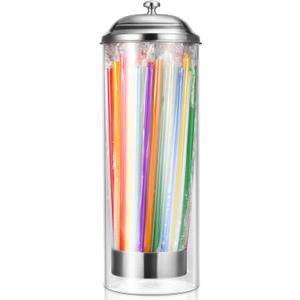 Glass Straw Holder Drinking Straw Dispenser for Counter with 200 Straws & Stainless Steel Lid, Retro Straw Organizer Container for Cafes, Bars, Home