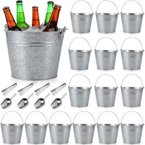 Zopeal 24 Pcs Galvanized Beer Bucket Set, Includes 16 Metal Ice Buckets 5qt Bulk with 4 Scoops & 4 Tongs Round Silver Tin Pails for Weddings Catering Beach Pool Large Events Table Centerpieces