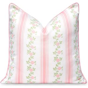 Hofdeco Premium Coastal Patio Indoor Outdoor Throw Pillow Cover Only, 20"x20" Water Repellent for Backyard, Couch, Blush Pink Print Stripe Floral