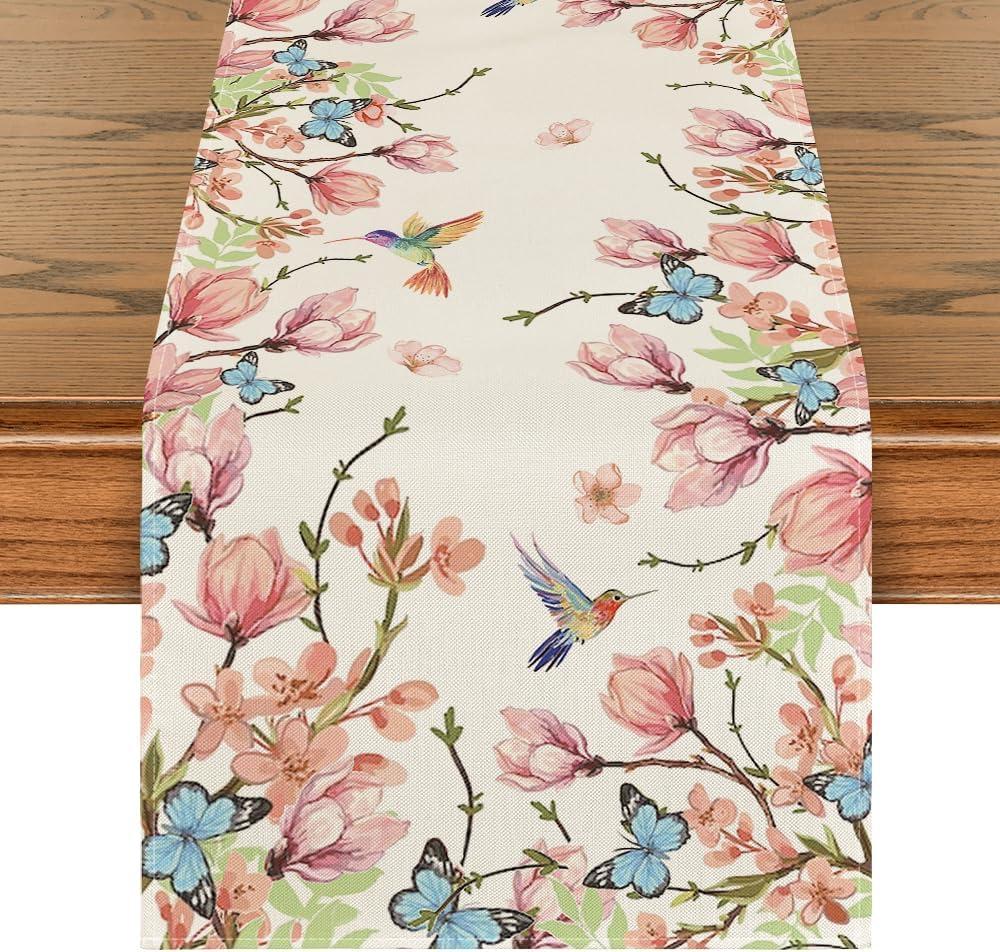 Artoid Mode Flowers Bird Butterfly Spring Table Runner, Seasonal Kitchen Dining Table Decoration for Home Party Decor 13x90 Inch (Beige)