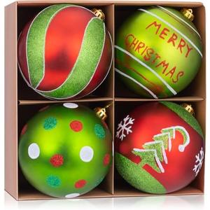 WHGJ 6 Inch Large Red and Green Glittering Christmas Ball Ornaments Set, 4 Pcs Big Shatterproof Hand-Painted Hanging Bulbs for Xmas Tree, Wreath, Garland, Holiday Party Decorations