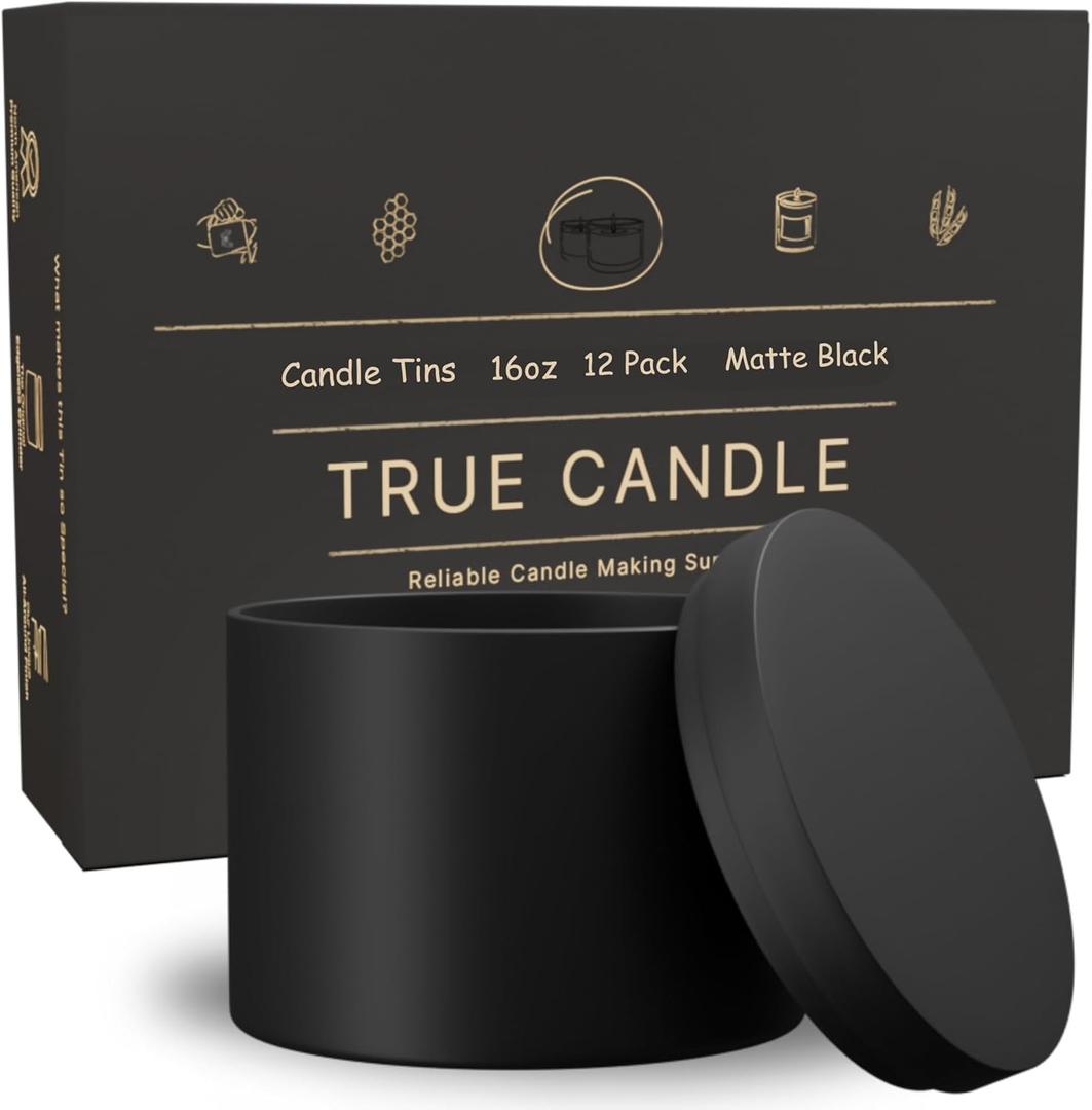 True Candle Tins for Making Candles - 12 Pack of 16 oz Black Candle Containers Bulk - Empty tins with lids for Candles - Premium Metal Jars, Vessels | Painted Outside Inside | Matte Black (Wide)